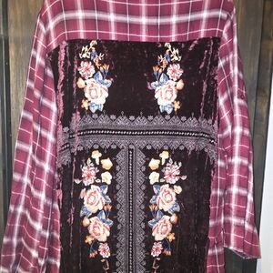 Andree Burgundy Plaid EMBROIDERY Top - Excellent Condition